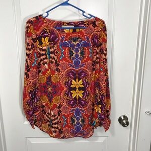 LOFT Floral Open Long Sleeve Blouse in Red and Yellow Large NWT